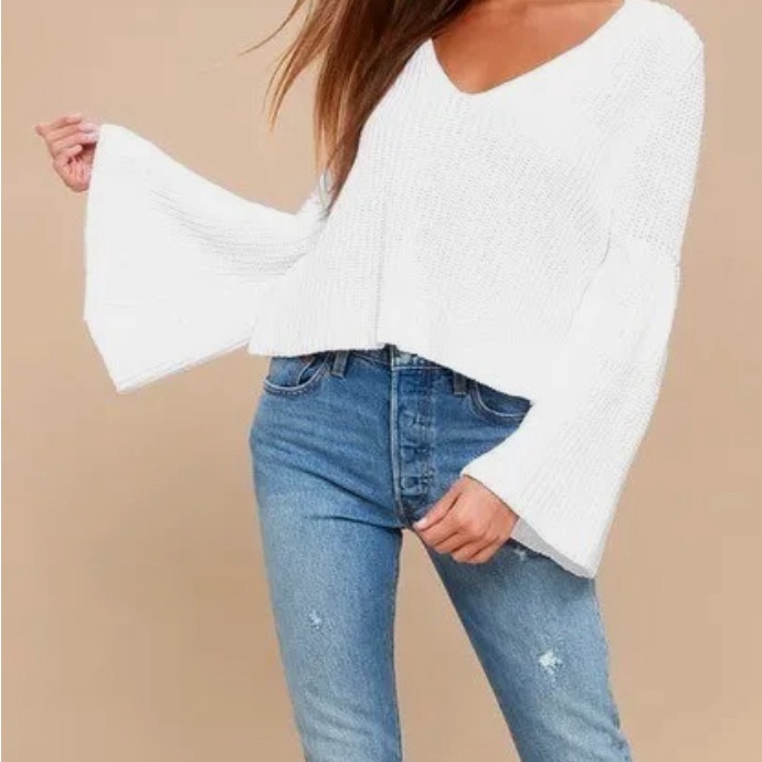 White Free People Damsel Bell Sleeve V-Neck Knit Sweater